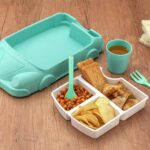 Kid's Car Shaped Plates Cup / Lunch Box Dinnerware (4 Pcs Set / 1000 ML Lunch Box) - Closeup Embroidery by Nari Haat,...