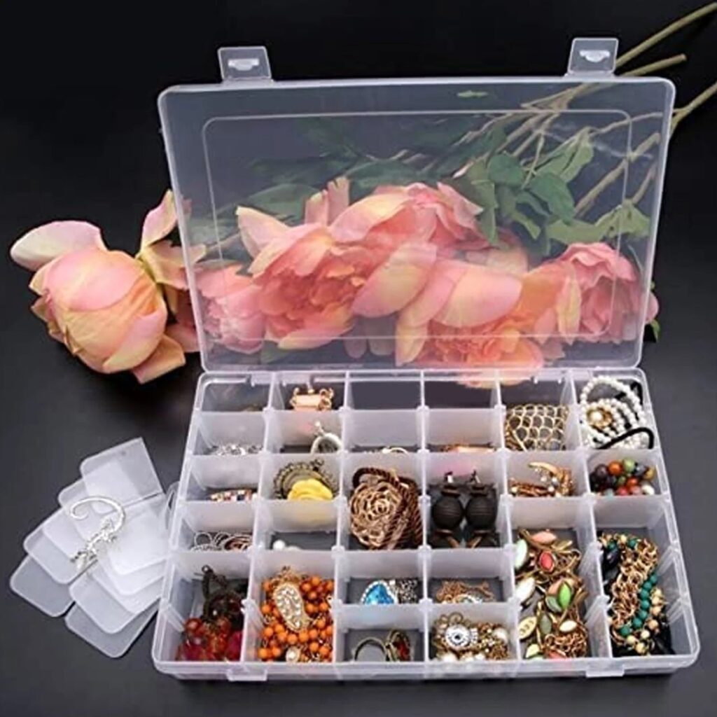 Clear plastic organizer box with 36 grids