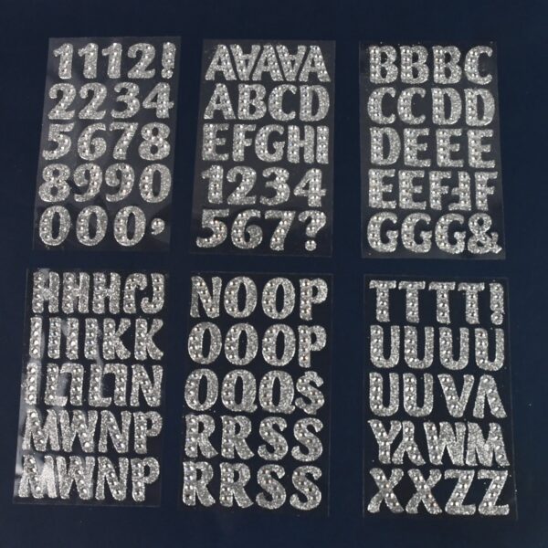 Silver Gem Letter & Numbers Stickers 1 Inch Letters, 130 Count (Pack of 6 Sheets) - Front View by Nari Haat, Indian e...