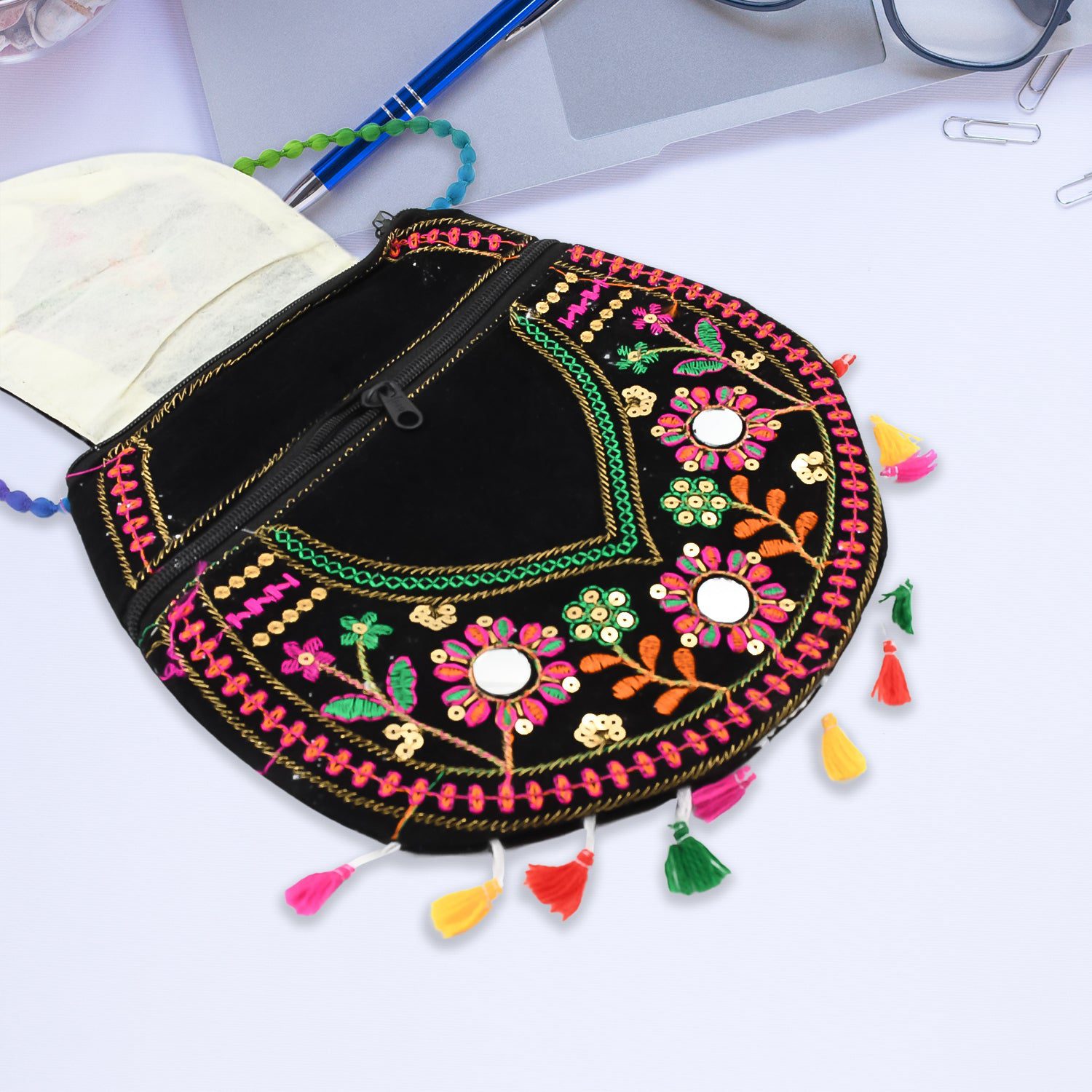 04_d40997a3-d596-49a5-8c5f-402d15a9007a.jpg 9 inch Handcrafted Cotton Embroidered Shoulder Bag for Girls & women (1 Pc) - Front View by Nari Haat, Indian ethnic ...