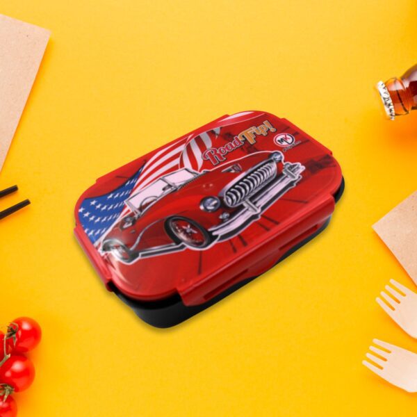 Beautiful Car Design Printed Plastic Lunch Box With Inside Small Box & Spoon for Kids, Air Tight Lunch Tiffin Box for...