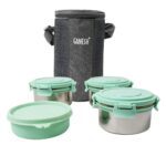Ganesh 4In1 Tiffin Box-Lunch Box | 3 Stainless Steel Containers 300 Ml Approx & Plastic Salad Container 200 Ml Appro...