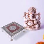 Silver - Square Pooja Chowki Patla / Bajot (20×20 CM / 1 Pc) - Fabric Detail by Nari Haat, Indian ethnic wear, women...