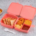 Double-Layer Square Lunch Box with Spoon , 4 Compartment Tiffin & Push Lock - Sleeve Design by Nari Haat, Indian ethn...