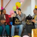 Birthday Gift Bag with Gold Shiny Stars, Reusable Party Gift Bags (1 Pc) - Fabric Detail by Nari Haat, Indian ethnic ...