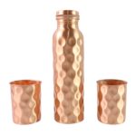 Diamond Cut Copper Water Bottle 2 Glasses with Gift Box (3 Pcs Set) - Sleeve Design by Nari Haat, Indian ethnic wear,...