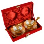 5-in-1 Gold & Silver Plated Bowl Spoon Tray Set with Velvet Gift Box - Back View by Nari Haat, Indian ethnic wear, wo...