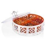 Multipurpose Dry Fruit Box 4 Section Dry Fruit Round Silver Gift Box (1 Pc) - Sleeve Design by Nari Haat, Indian ethn...