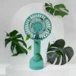Portable Handheld Fan 3 Speeds Battery Operated Rechargeable with Base Holder - Front View by Nari Haat, Indian ethni...