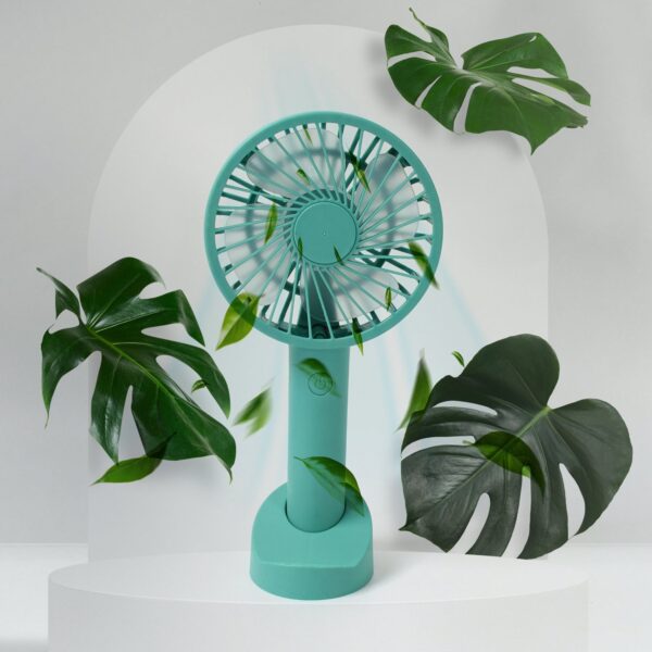 Portable Handheld Fan 3 Speeds Battery Operated Rechargeable with Base Holder - Front View by Nari Haat, Indian ethni...