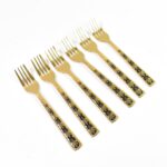 Stainless Steel Premium Fork Traditional Design Tablewar (6 Pcs Set / Golden) - Sleeve Design by Nari Haat, Indian et...