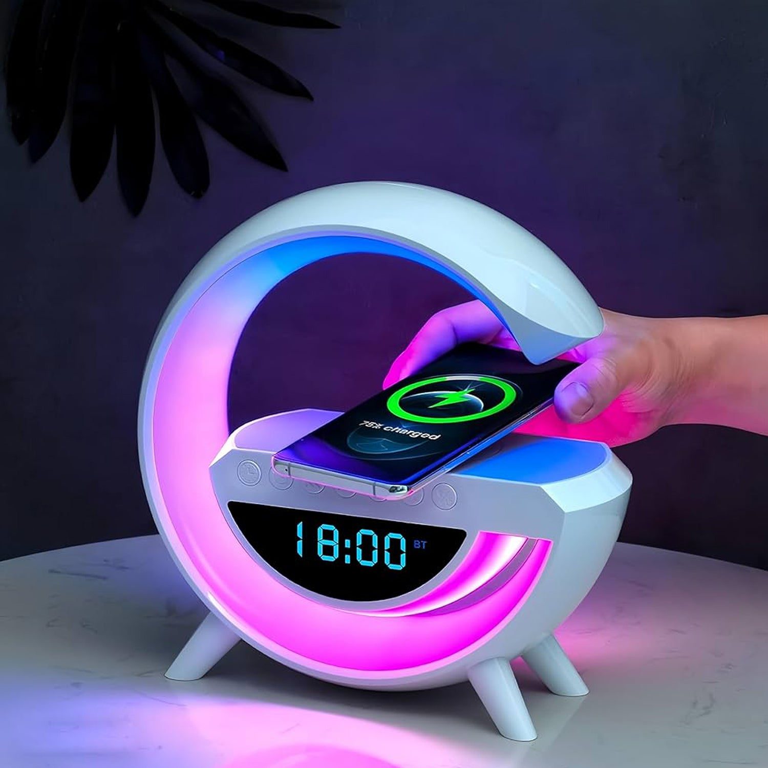 08_12f83fee-0b05-47a0-833a-3f83cadb0563.jpg G Lamp Speaker - 3-in-1 Bluetooth Speaker with Fast Wireless Charging (1 Pc) - Front View by Nari Haat, Indian ethnic...