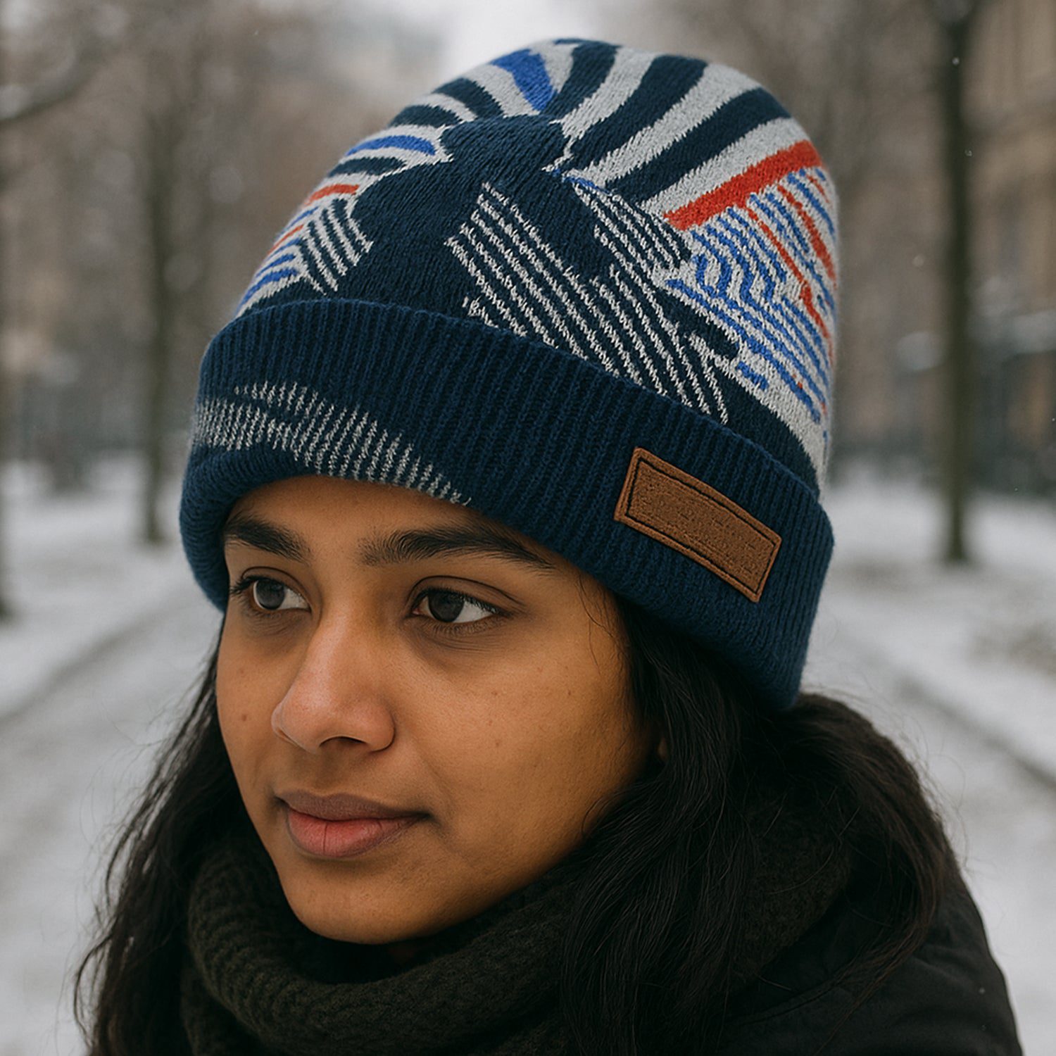 10_b544a6d0-0f01-46a3-89f5-30e376859395.jpg Cap for Winter Woolen Knitted Black Inside Fur Caps (1 Pc / Mix Design & Color) - Front View by Nari Haat, Indian eth...