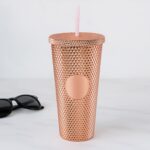 Studded Cup Tumbler Straw Lid - Plastic Double Walled Cold Cup for iced Coffee - Front View by Nari Haat, Indian ethn...
