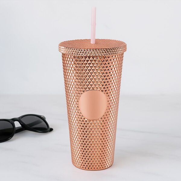 Studded Cup Tumbler Straw Lid - Plastic Double Walled Cold Cup for iced Coffee - Front View by Nari Haat, Indian ethn...