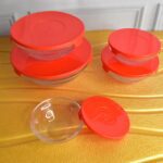 Modern Glass Bowl Set, Mixing / Storage Bowls with Red Lids (5 Pcs Set) - Sleeve Design by Nari Haat, Indian ethnic w...