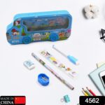 Bus Shape Compass Box for Boys, Kids School Accessories |  Pencil Box  with Wheels for Girls and Kids, String Operate...