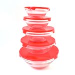 Modern Glass Bowl Set, Mixing / Storage Bowls with Red Lids (5 Pcs Set) - Neckline Detail by Nari Haat, Indian ethnic...