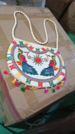 11 inch Handcrafted Cotton Embroidered Shoulder Bag for Girls & women (1 Pc) - Fabric Detail by Nari Haat, Indian eth...