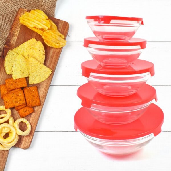 Modern Glass Bowl Set, Mixing / Storage Bowls with Red Lids (5 Pcs Set) - Front View by Nari Haat, Indian ethnic wear...