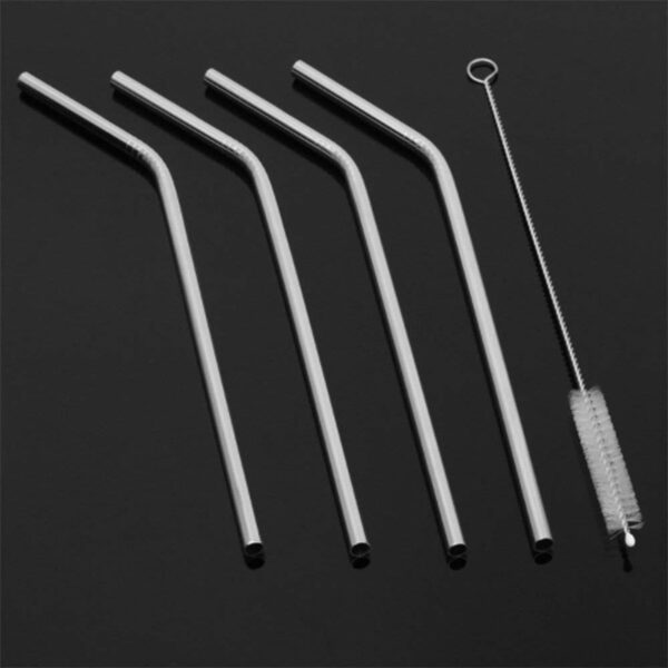 Reusable Stainless Steel Drinking Straws Bent (4 Bent Straws, 1 Brush) - Front View by Nari Haat, Indian ethnic wear,...