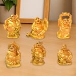 Golden Laughing Buddha Set of Six Pieces Statue for HappinessGood Luck Home Decor - Front View by Nari Haat, Indian e...