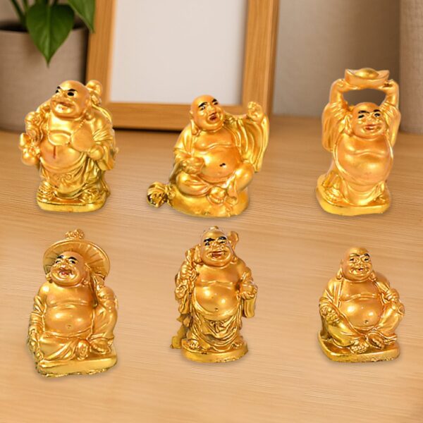 Golden Laughing Buddha Set of Six Pieces Statue for HappinessGood Luck Home Decor - Front View by Nari Haat, Indian e...