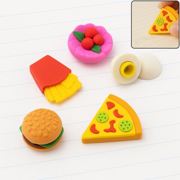 3D Food-Shaped Colorful Eraser Set – Cute Novelty Mini Erasers for Kids (5 Pc Set) - Front View by Nari Haat, India...