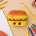 Plastic Burger Shape Small Size Double Hole Sharpener With Eraser (1 Set) - Front View by Nari Haat, Indian ethnic we...