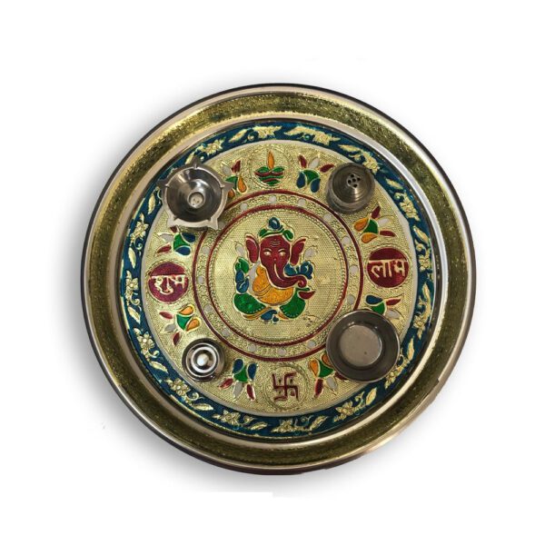 Stainless Steel Pooja Thali with Golden Chain, Diamond, Pearl & Fancy Stones - Front View by Nari Haat, Indian ethnic...