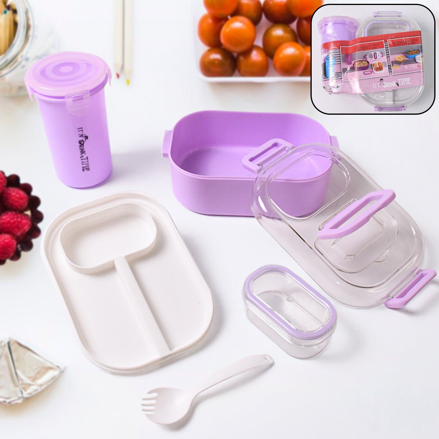 1_41e80186-37df-46e3-a161-95fb7a887ab2.jpg Plastic Lunch Box With Small Box, Bottle & Sponn for Kids Lunch Box (4 Pc Set) - Front View by Nari Haat, Indian ethn...