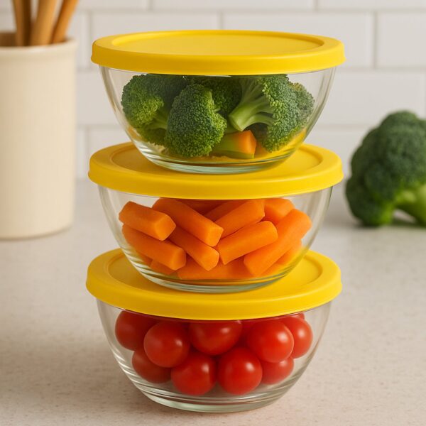 Dazzle Glass Bowl Set Mixing / Storage Bowls with Lids (3 pcs Set) - Front View by Nari Haat, Indian ethnic wear, wom...