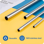 Set of 4 Stainless Steel Straws & Brush (2 Straight straws, 2 Bent straws, 1 Brush) - Sleeve Design by Nari Haat, Ind...