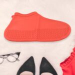 Non-Slip Silicone Waterproof Boot Shoe Cover (Medium Size / 1 Pair / Red) - Closeup Embroidery by Nari Haat, Indian e...