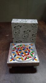 1 Pc Meenakari Wooden Chowki & Bajot Set: For Home & Office Puja (Multicolor) - Fabric Detail by Nari Haat, Indian et...