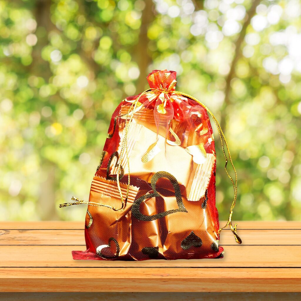 Net Fabric Drawstring Pouch – Organza Shagun Potli for Dry Fruits (Mix Sizes & Design) - Front View by Nari Haat, I...