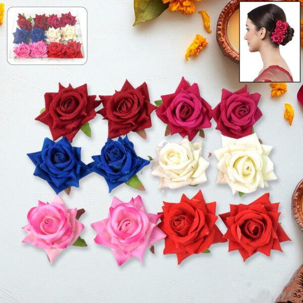 Colourful Flowing Flower Hair Pin (12 Pcs Set / Mix Color), Hair accessories - Front View by Nari Haat, Indian ethnic...