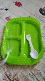 Biodegradable 3-Compartment Plastic Food Plate with Spoon for Snacks (1 Pc) - Fabric Detail by Nari Haat, Indian ethn...
