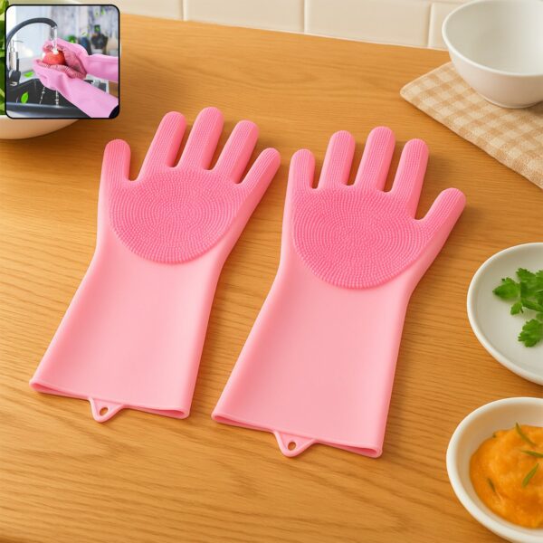 Dishwashing Gloves with Scrubber| Silicone Scrub Gloves (1 Pair , 196Gm) - Front View by Nari Haat, Indian ethnic wea...