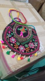 9 inch Handcrafted Cotton Embroidered Shoulder Bag for Girls & women (1 Pc) - Fabric Detail by Nari Haat, Indian ethn...