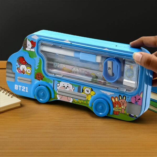 Bus Shape Compass Box for Boys, Kids School Accessories |  Pencil Box  with Wheels for Girls and Kids, String Operate...