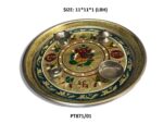 Stainless Steel Pooja Thali with Golden Chain, Diamond, Pearl & Fancy Stones - Sleeve Design by Nari Haat, Indian eth...