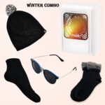 Winter Warm Set- Bennie hat, Room Heater, Sunglasses And Socks (5 Pcs Combo) - Closeup Embroidery by Nari Haat, India...