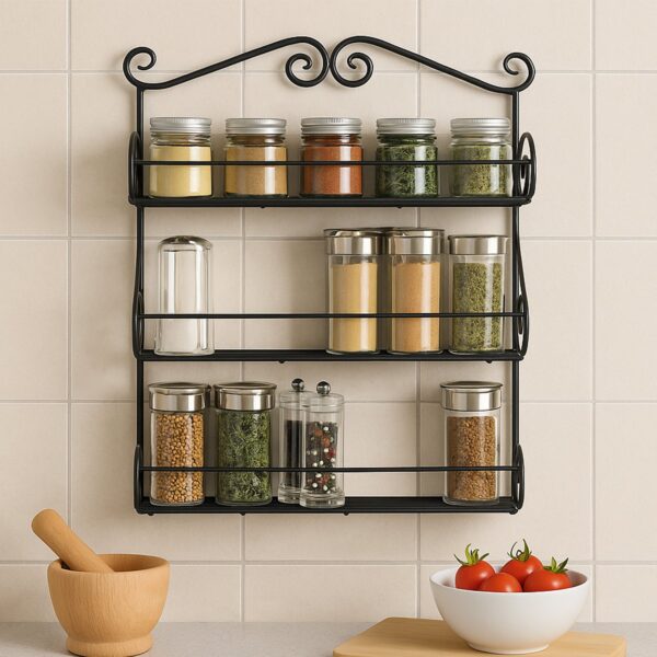 Big Wall Mounted Iron Wall Shelf with 3 Storage Racks for Kitchen - Front View by Nari Haat, Indian ethnic wear, wome...