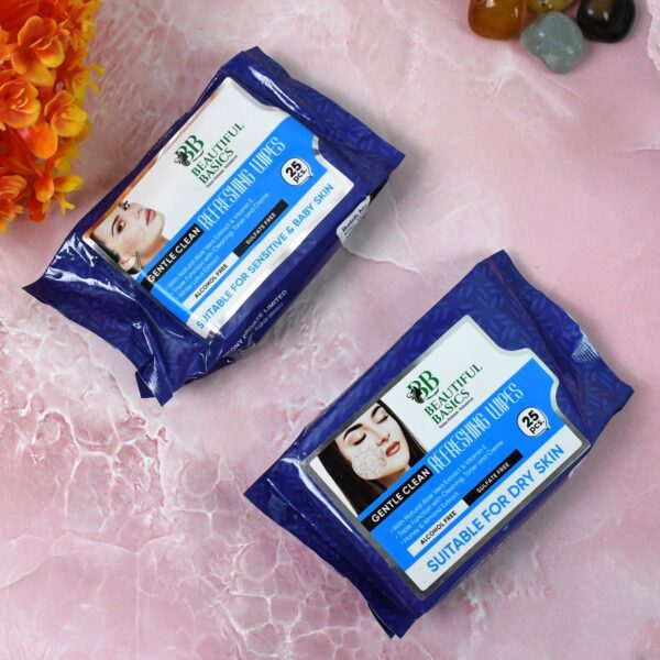 Beautiful Basics Dry & Sensitive Skin Face Wipes (2 Pkts x 50 Pcs Wipes) - Front View by Nari Haat, Indian ethnic wea...
