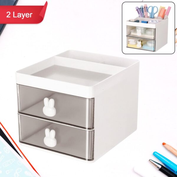 2 Layer 5 Compartment Desk Organizer with Transparent Drawer (1 Pc / 15×13×11 Cm) - Front View by Nari Haat, Indian...