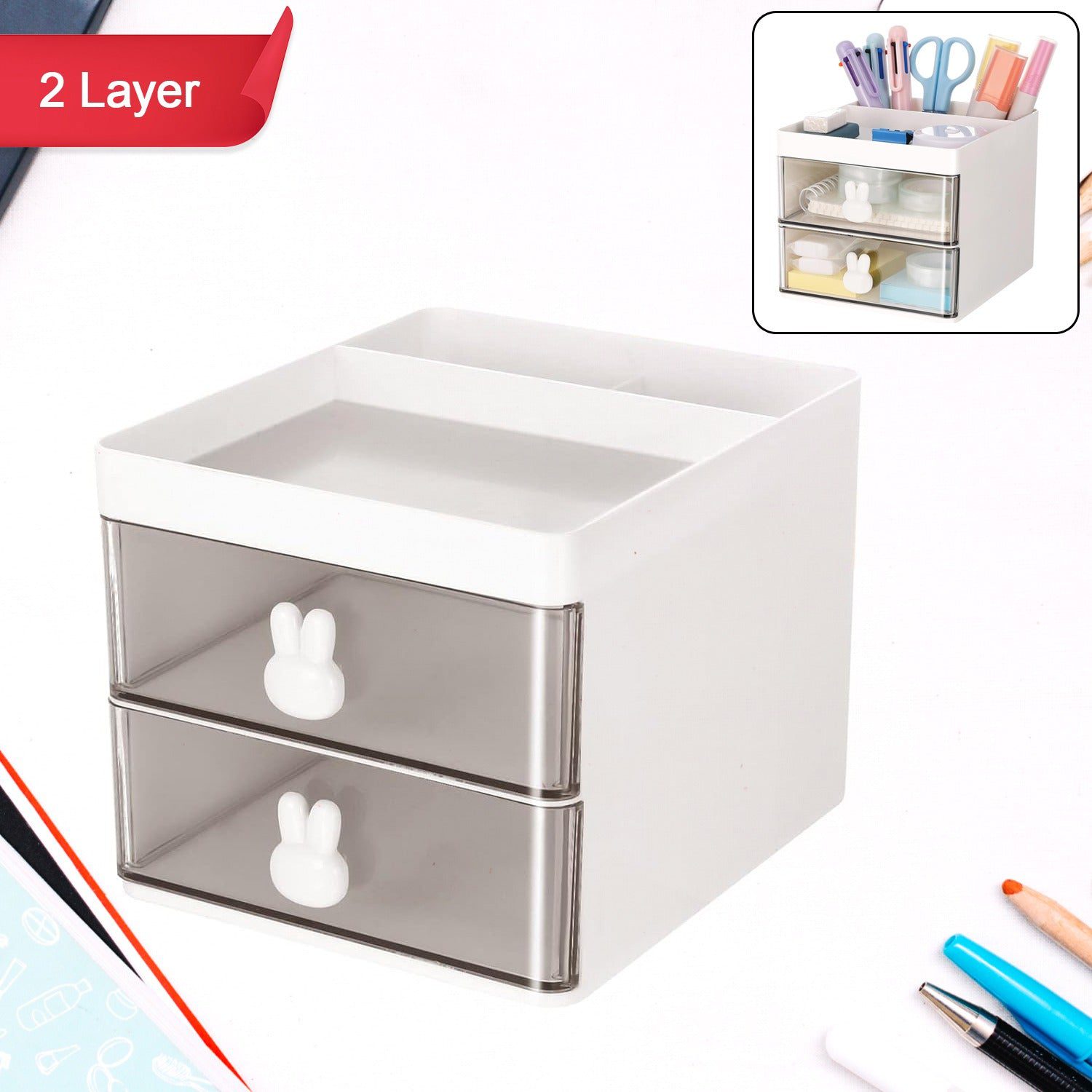 78ed3f96-4114-4989-98f5-d1ad5bcc4f65.jpg 2 Layer 5 Compartment Desk Organizer with Transparent Drawer (1 Pc / 15×13×11 Cm) - Front View by Nari Haat, Indian...