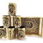 Peacock Design Glass with Handle and Handicraft Serving Tray Set - Front View by Nari Haat, Indian ethnic wear, women...