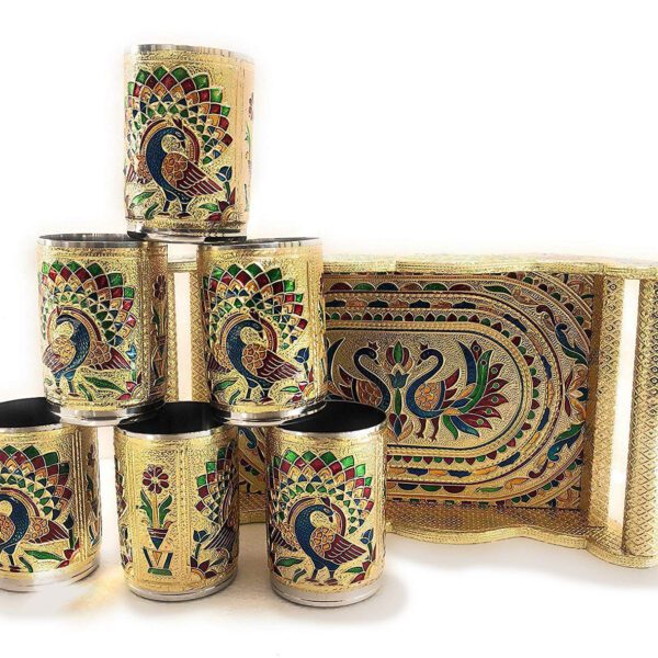 Peacock Design Glass with Handle and Handicraft Serving Tray Set - Front View by Nari Haat, Indian ethnic wear, women...