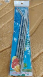 Set of 4 Stainless Steel Straws & Brush (2 Straight straws, 2 Bent straws, 1 Brush) - Full Detail by Nari Haat, India...